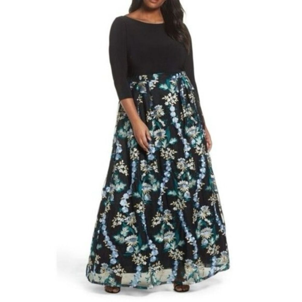Adrianna Papell GUC Fitted Bodice Highwaist Embroidered Full Gown Dress Size 14W